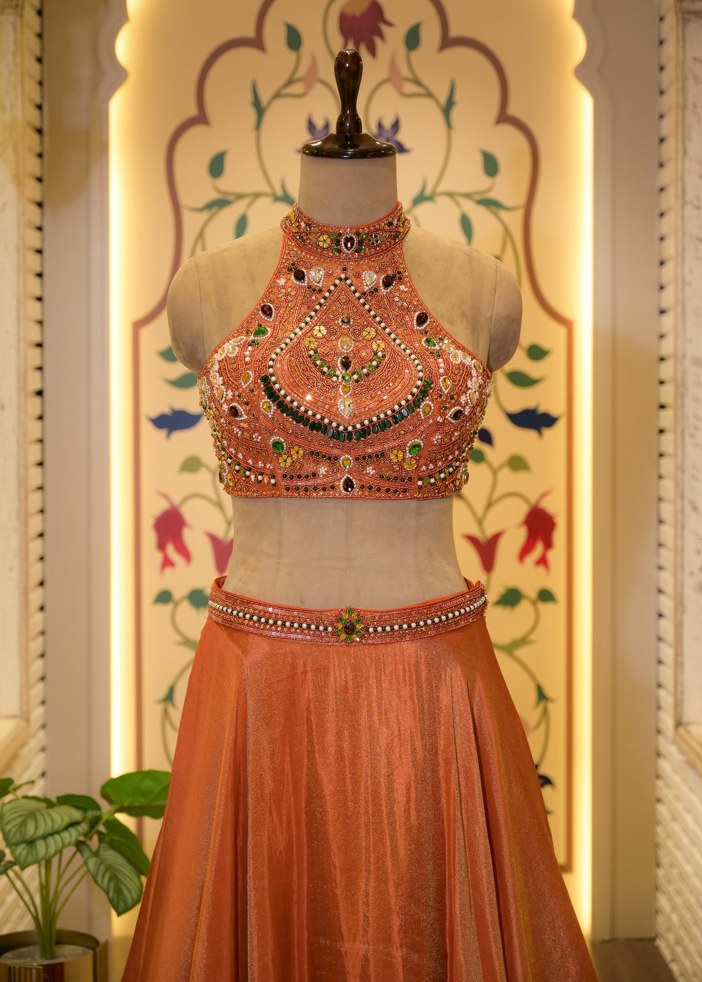 Fanta Orange Halter Neck Gemstones Crop with Skirt