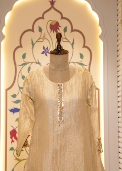 Beige Tissue Hand Embellished Short Shirt & Sharara Co-ord Set