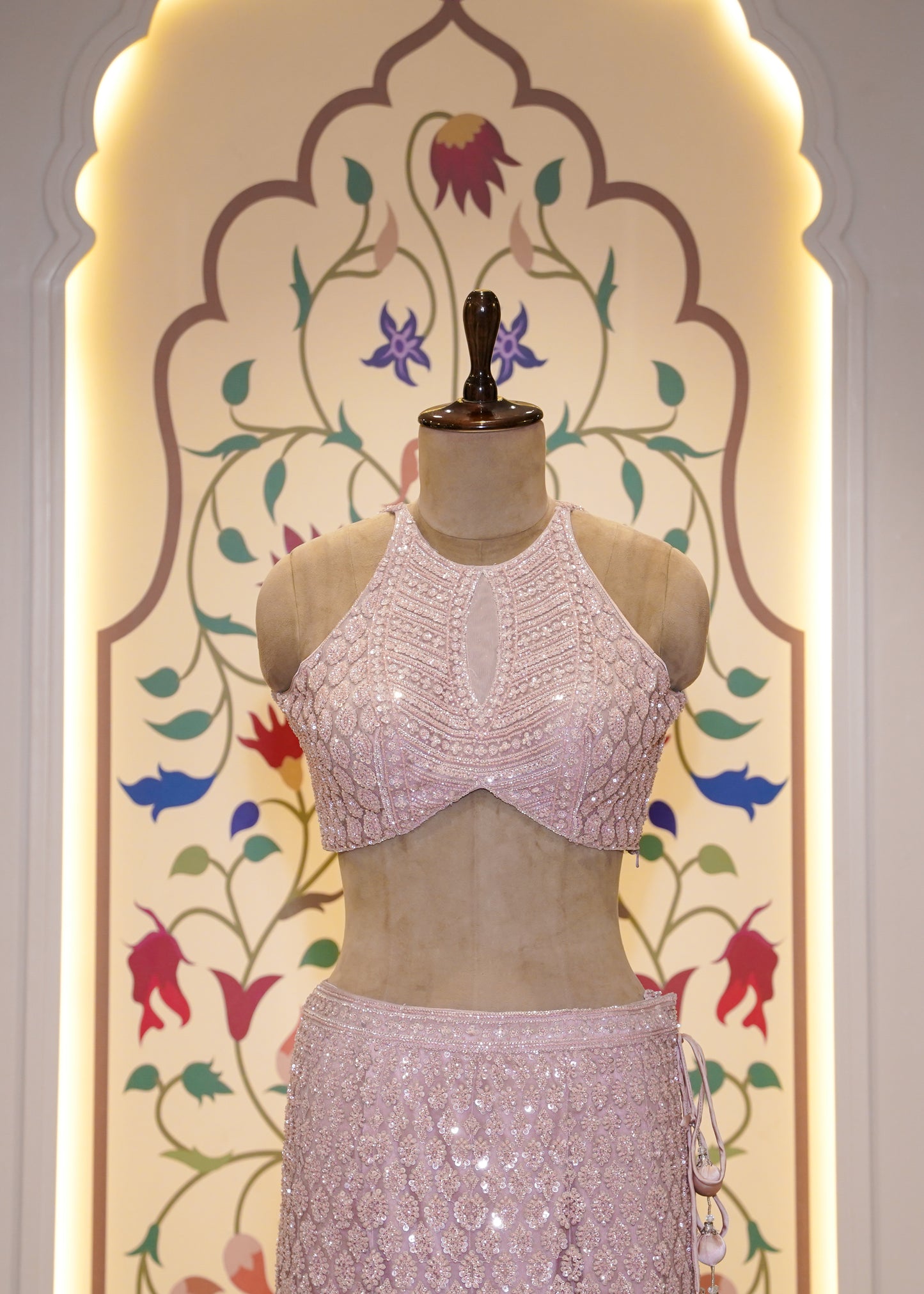 Baby Pink Bead Embroidered Crop Top Fish-cut Skirt Set