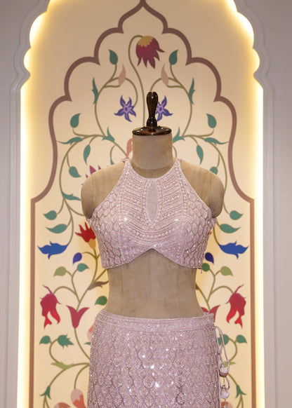 Baby Pink Bead Embroidered Crop Top Fish-cut Skirt Set