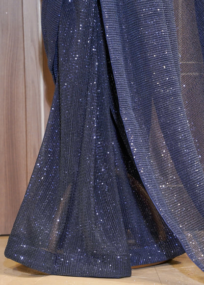 Midnight Blue Sequence Saree with Stitched Blouse