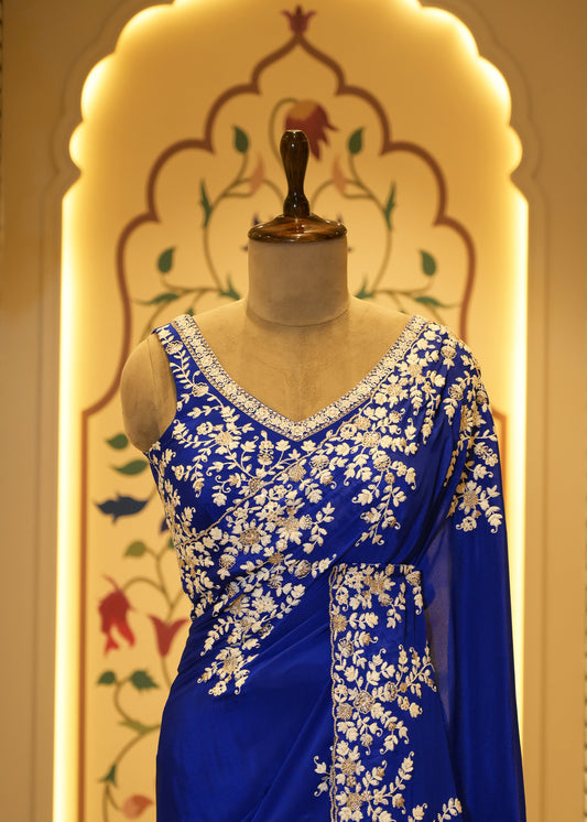 Electric Blue Chinon Thread Embroidered Saree with Stitched Blouse