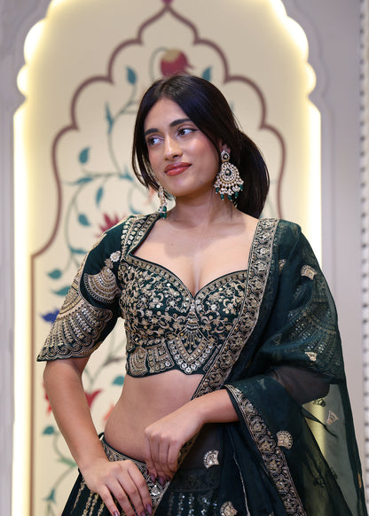 Kavya Green Handcrafted Lehenga with Stitched Blouse