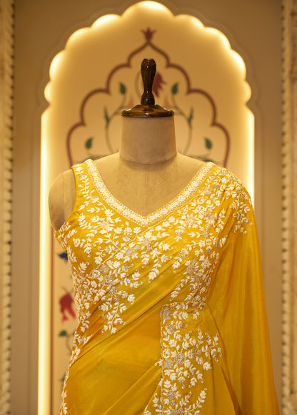 Mustard Chinon Thread Embroidered Saree with Stitched Blouse