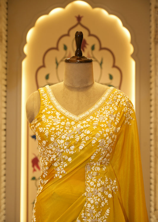Mustard Chinon Thread Embroidered Saree with Stitched Blouse