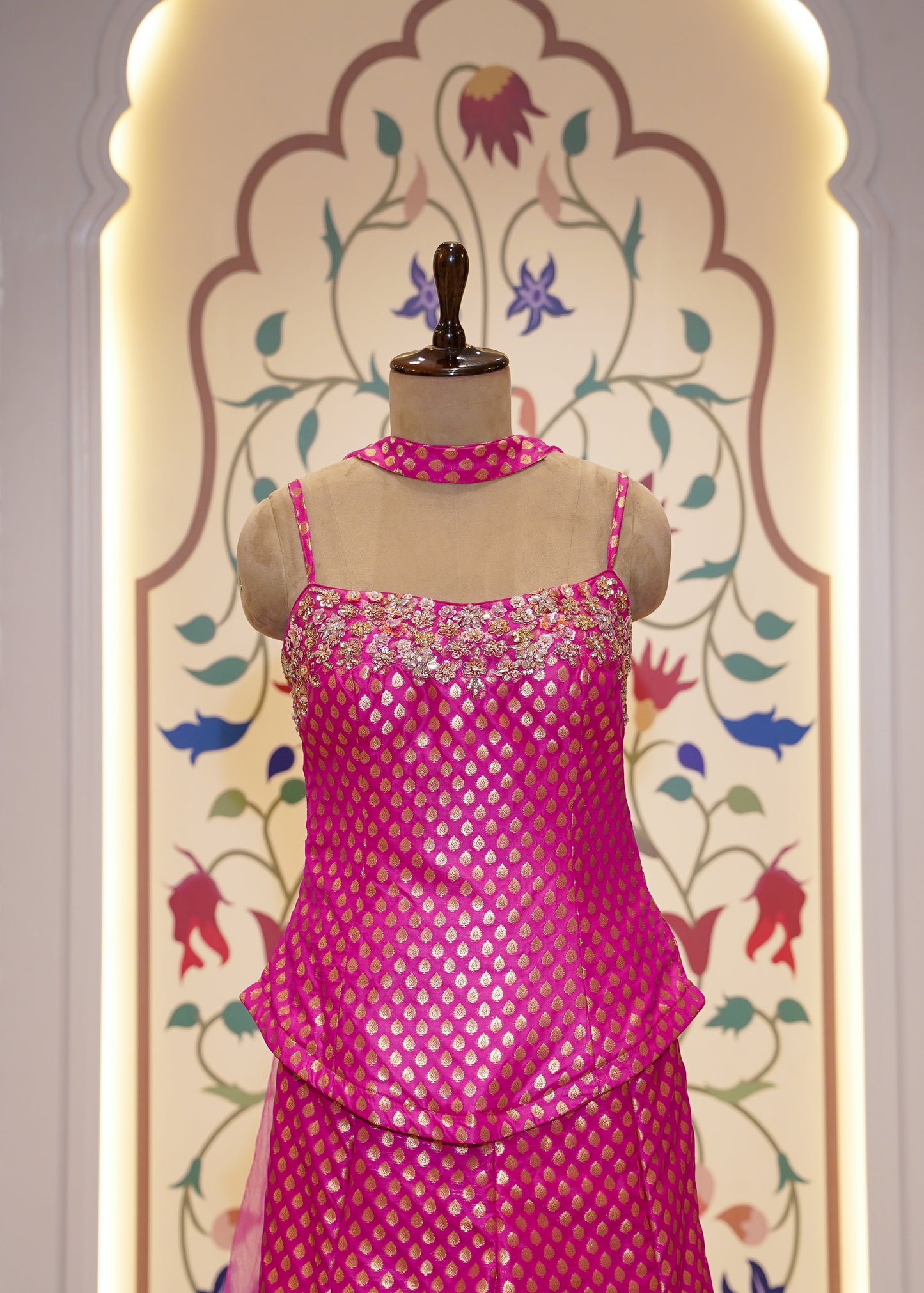 Hot pink Brocade Silk Hand Embroidered Peplum & Plazo Set with Choker Dupatta