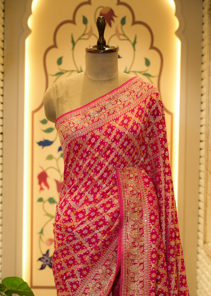 Gulbhaar Bandhani Rani Pink Saree Unstitched Blouse