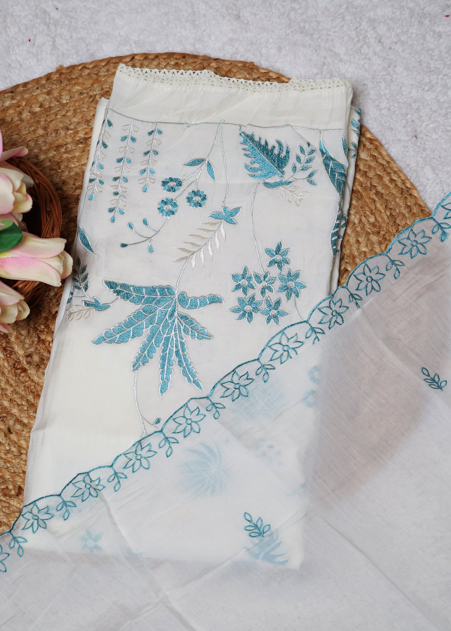 Pearl White & Blue Floral Unstitched Suit Set