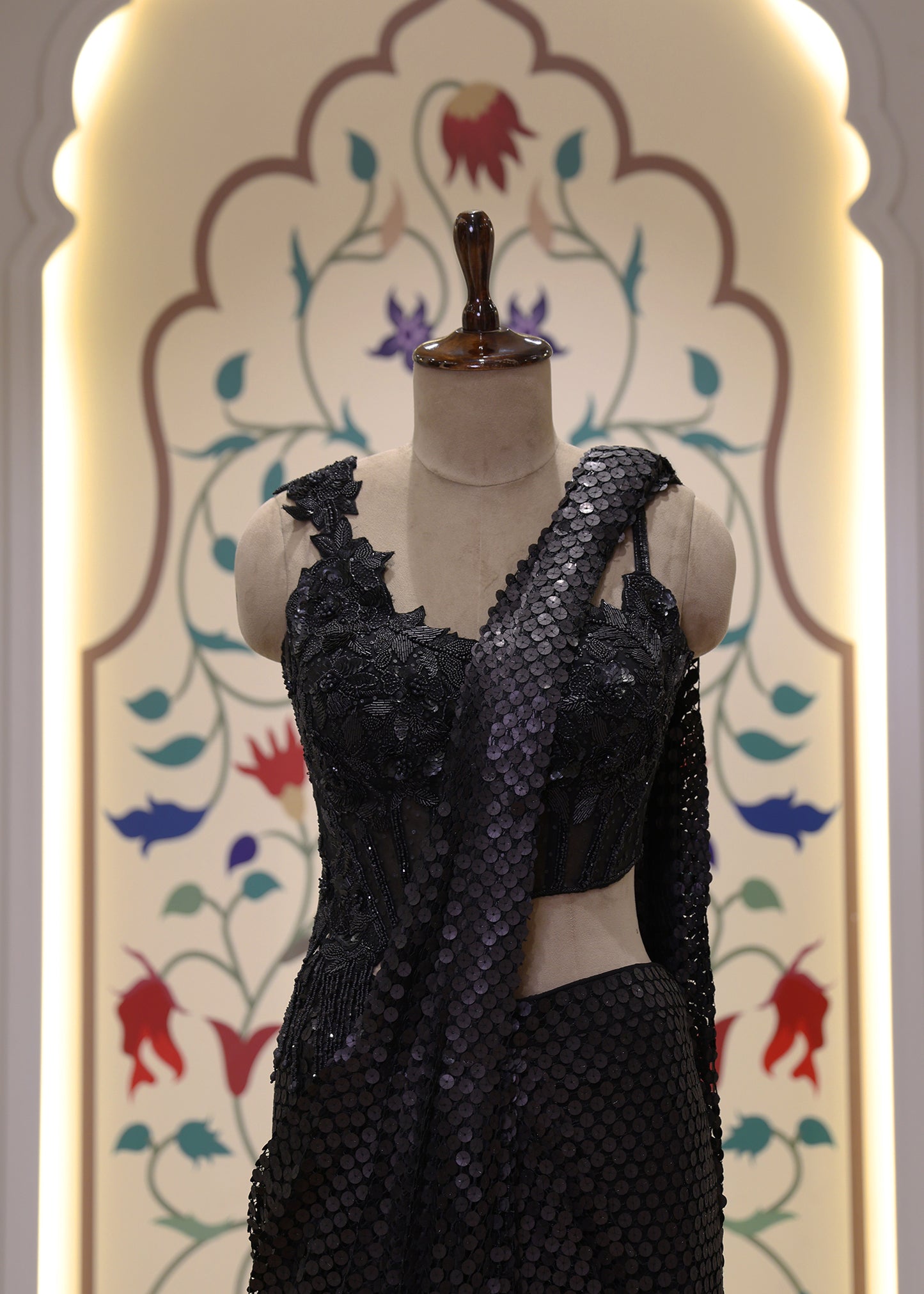 Jet Black Sequin Cocktail Pre Draped Saree