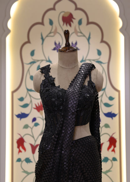 Jet Black Sequin Cocktail Pre Draped Saree