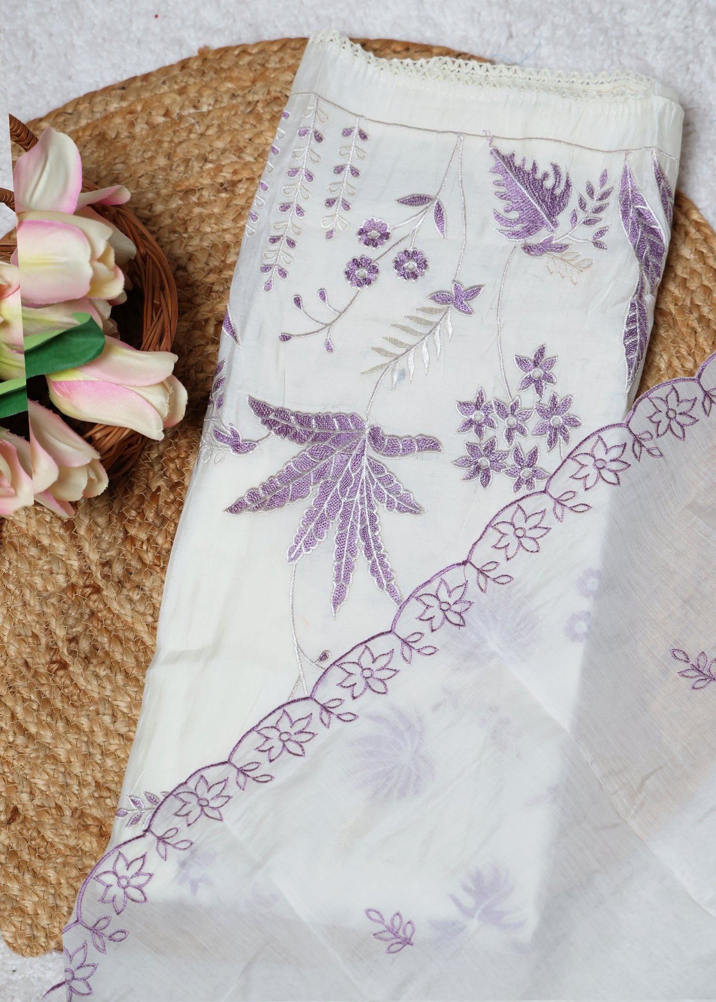 Pearl White & Purple Floral Unstitched Suit Set