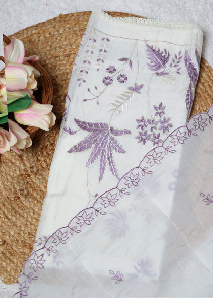 Pearl White & Purple Floral Unstitched Suit Set