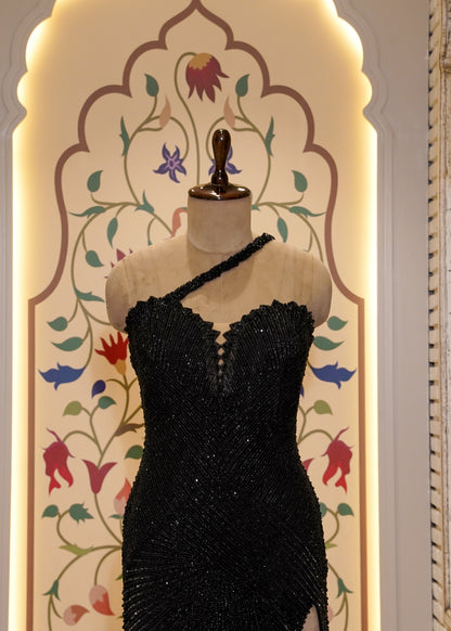 Black Hand Embroidered Body Hugging Gown with Slit