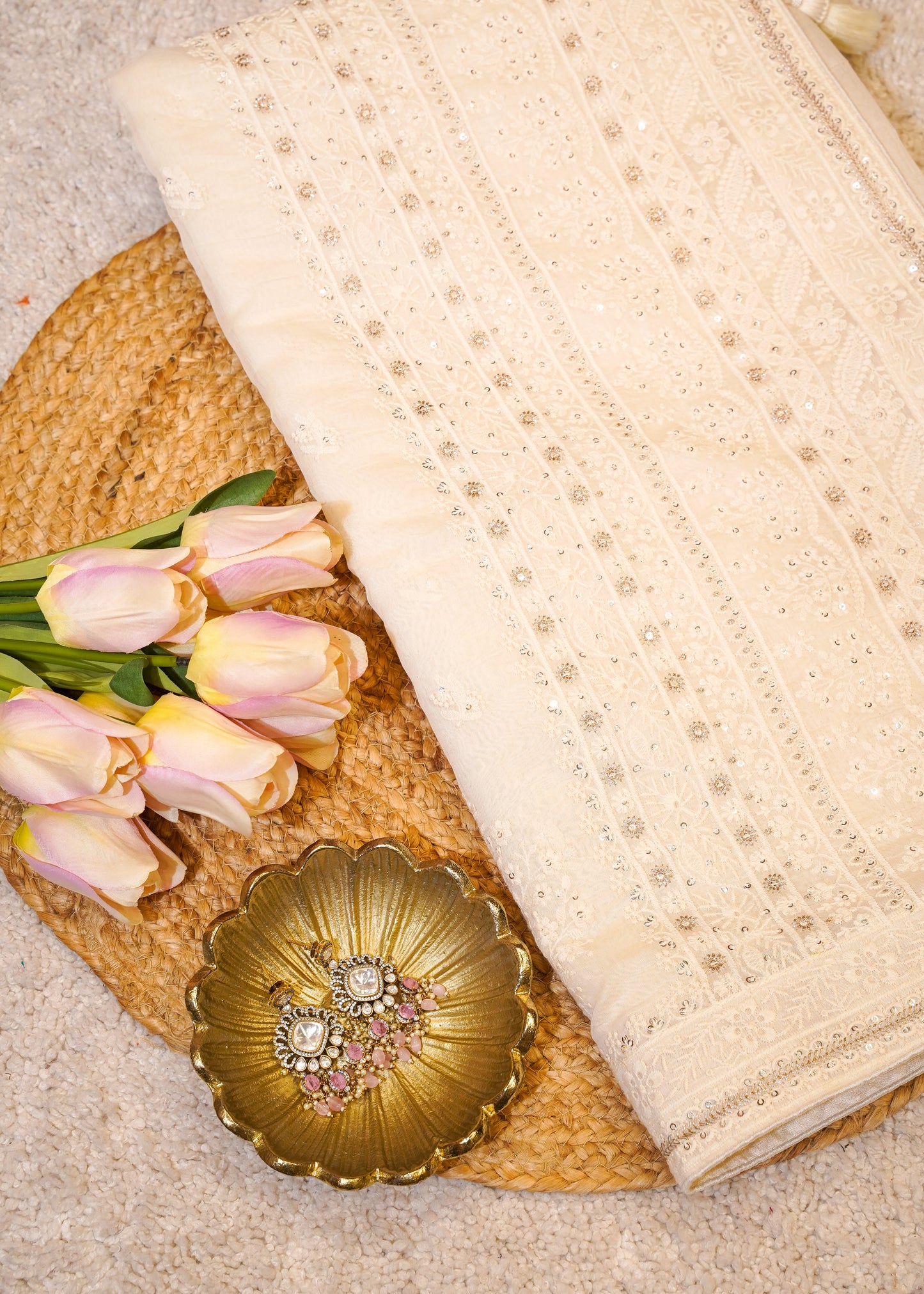 Ivory Mul Cotton Thread Embroidered Saree with Unstitched Blouse