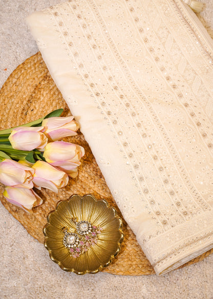 Ivory Mul Cotton Thread Embroidered Saree with Unstitched Blouse