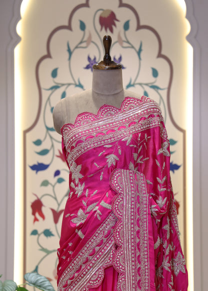 Gulzaar Pink Zari & Mooti Heavy Scallop Border Saree with Unstitched Blouse