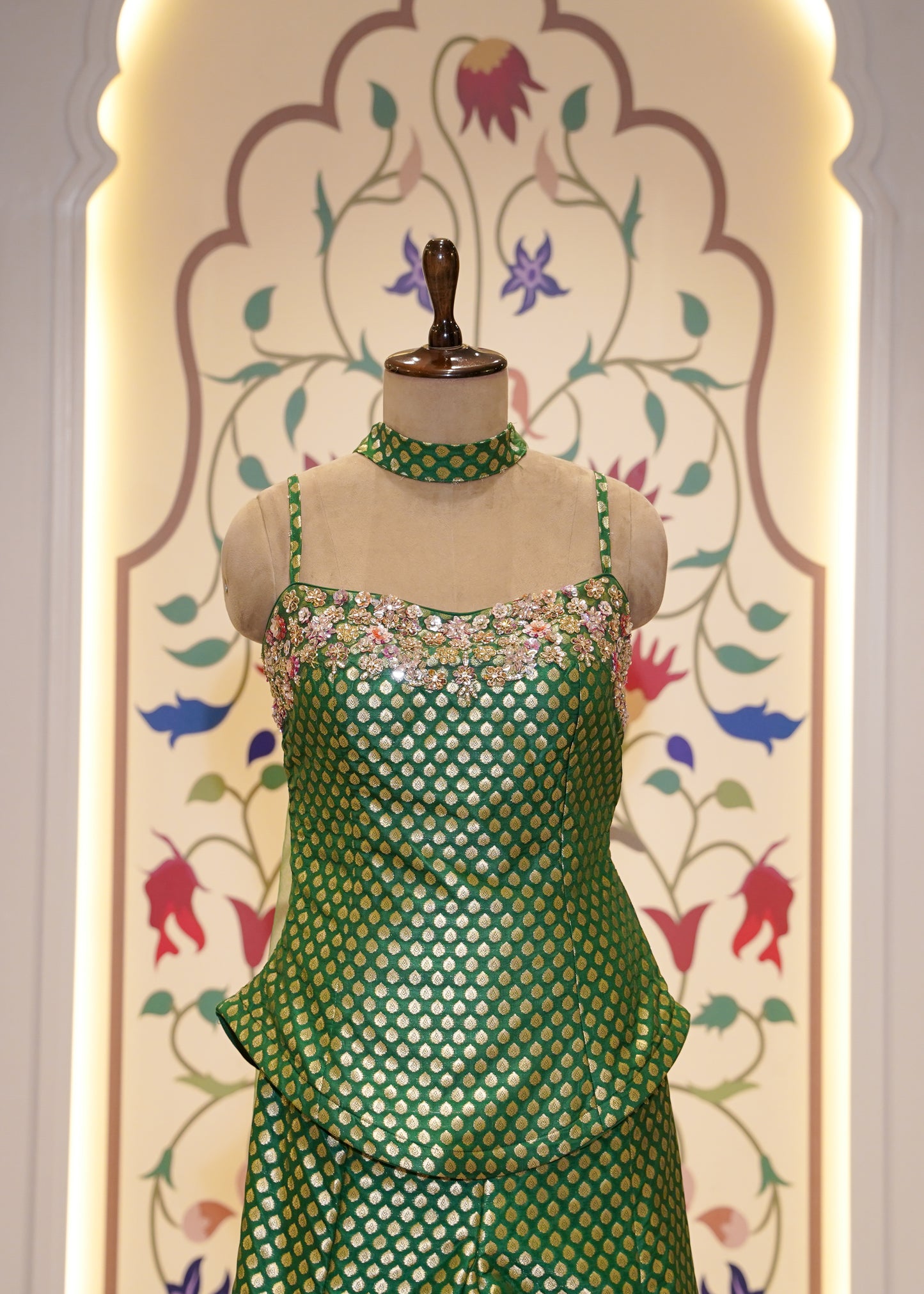Green Brocade Silk Hand Embroidered Peplum & Plazo Set with Choker Dupatta