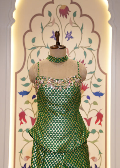 Green Brocade Silk Hand Embroidered Peplum & Plazo Set with Choker Dupatta