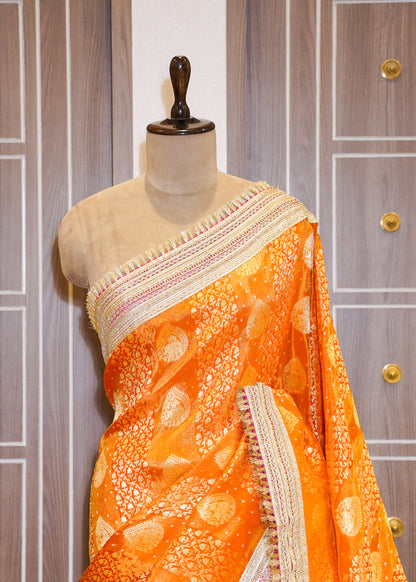 Rust Tissue Weaving Saree with Gota Lace and Unstitched Blouse