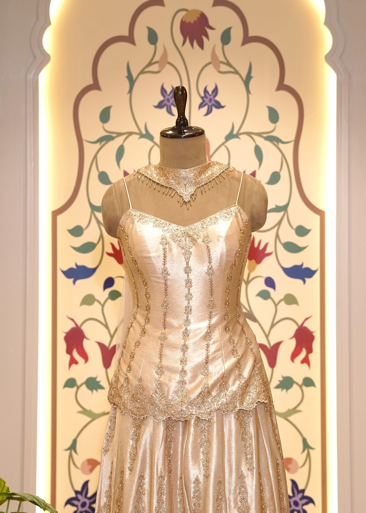 Beige Dori Embroidered Short Shirt and Plazo Set with Choker Dupatta