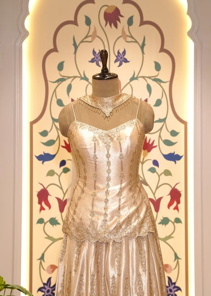 Beige Dori Embroidered Short Shirt and Plazo Set with Choker Dupatta