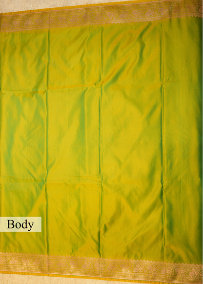 Lime Green Banarasi Kattan Silk Zari Border with Unstitched Blouse