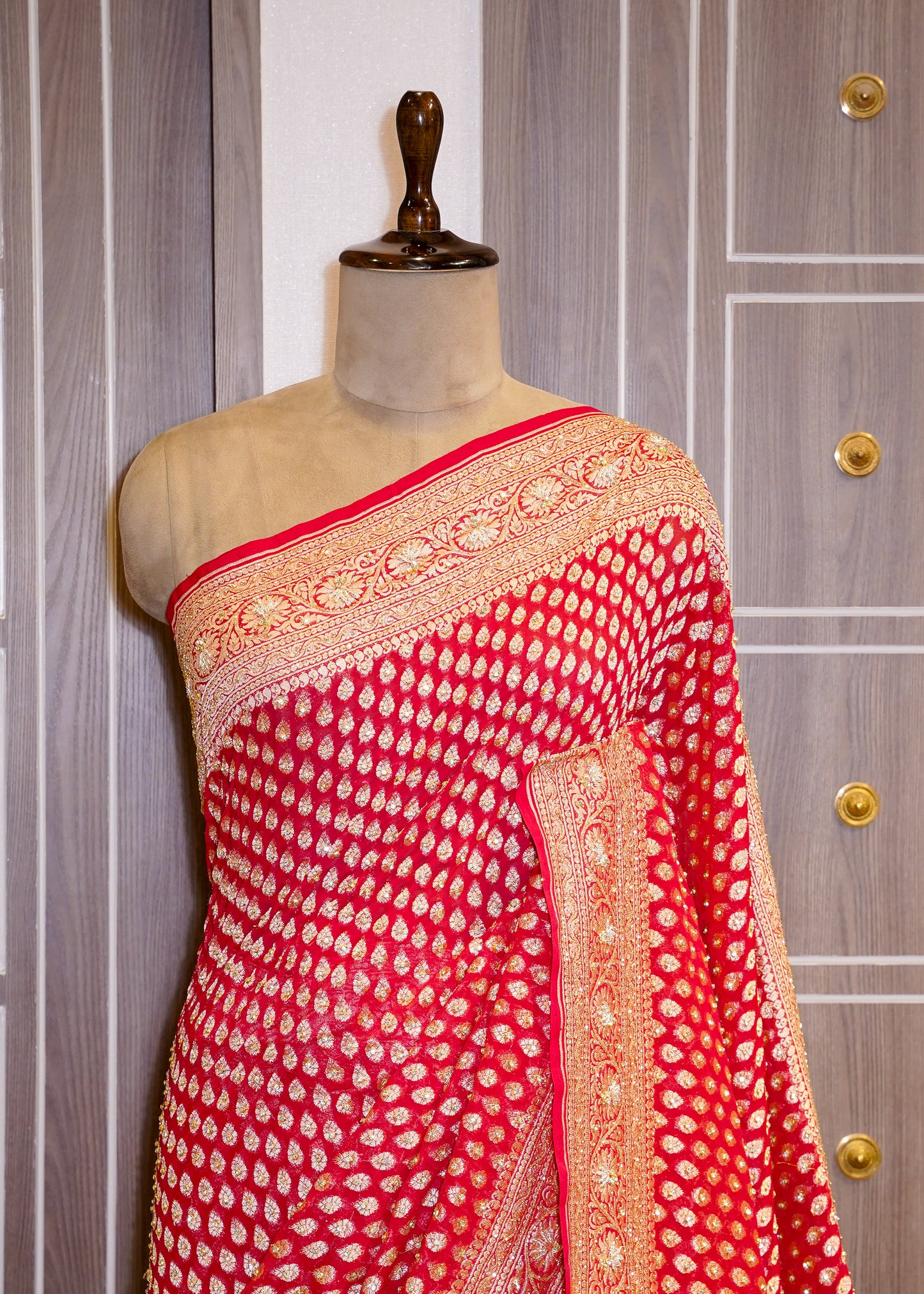 Red Khadi Georgette Saree with Zardozi Embroidery