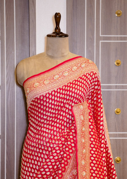 Red Khadi Georgette Saree with Zardozi Embroidery
