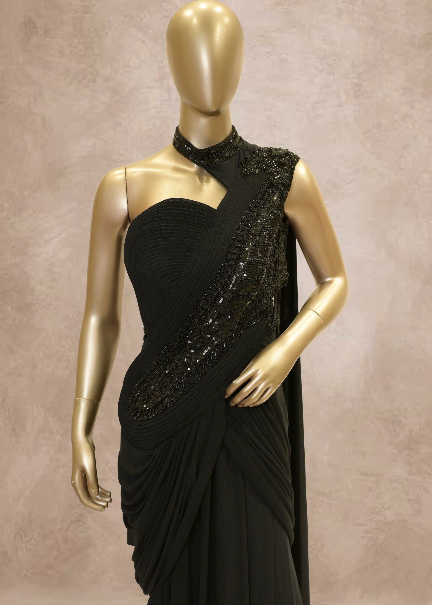 Black Sequins Embroidered Drape Style Gown