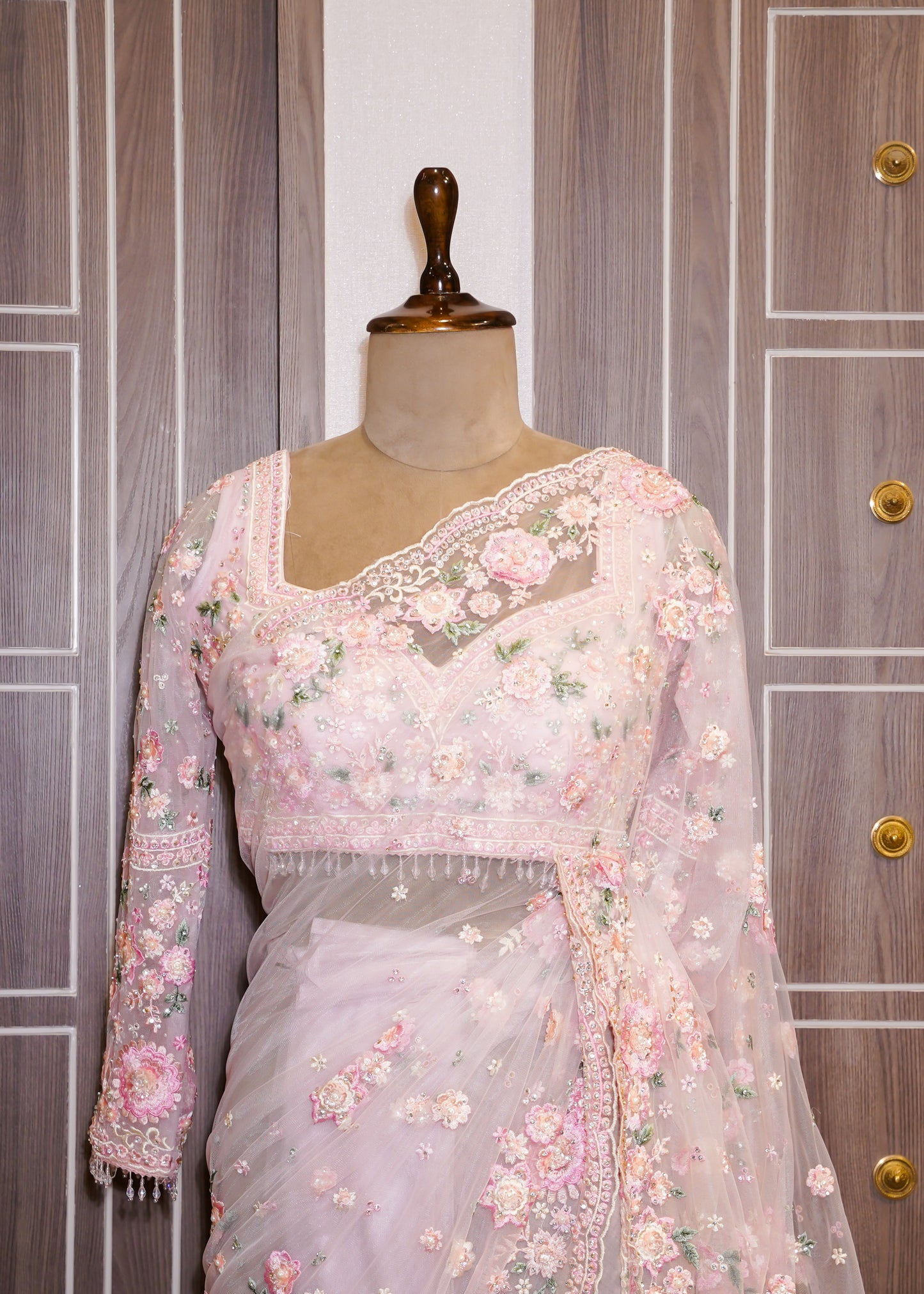 Pink Floral Embroidered Net Saree with Stitched Blouse