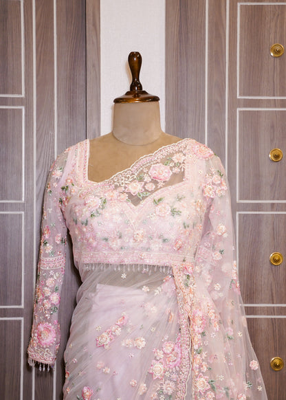Pink Floral Embroidered Net Saree with Stitched Blouse