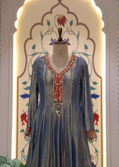 Blue & Red Anarkali Suit Set with Dupatta