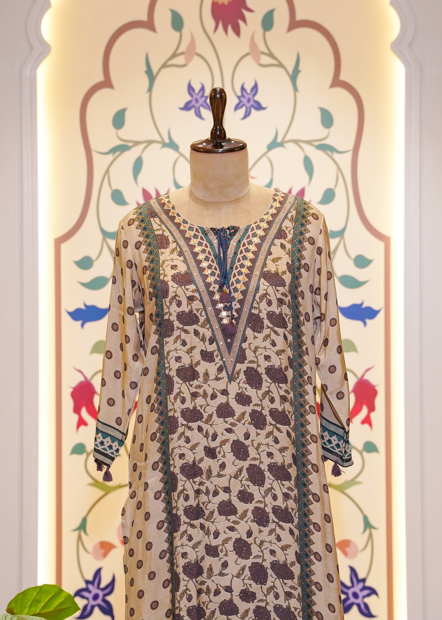 Beige Cotton Printed 3 pc Kurti Set