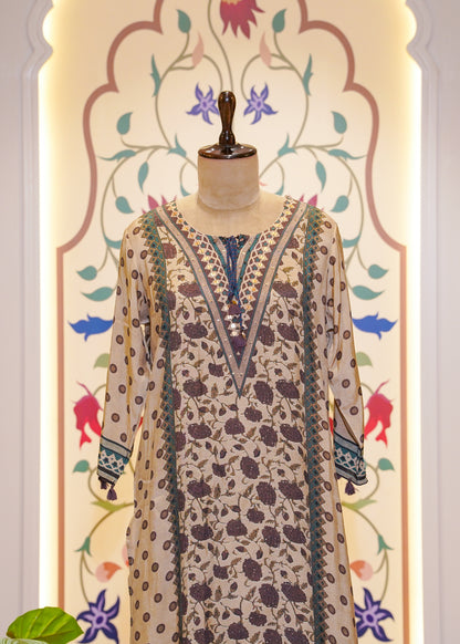 Beige Cotton Printed 3 pc Kurti Set
