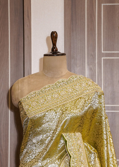 Mehendi Green Silk Bead Embroidered Border Saree with Unstitched Blouse