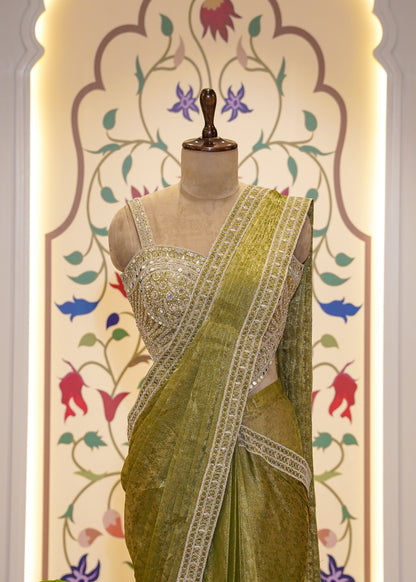 Pista Green Crush Tissue Drape Saree with Corset Embroidered Blouse