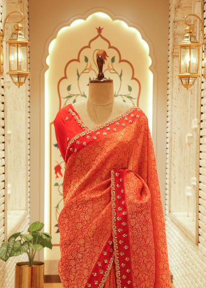 Mehrunissa Bright Orange-Red Banarasi Silk Saree with Stitched Blouse