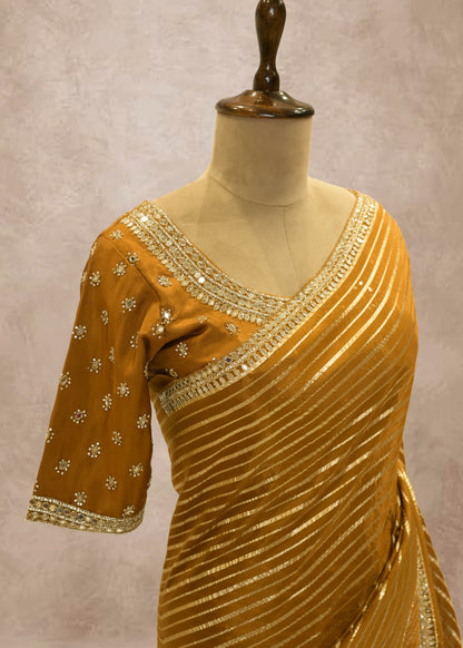Mehendi Green Striped Zari Organza Sarees with Stitched Blouse
