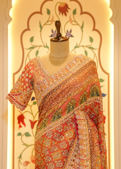 Rust Orange Patola Georgette Saree with Zardozi Embroidery