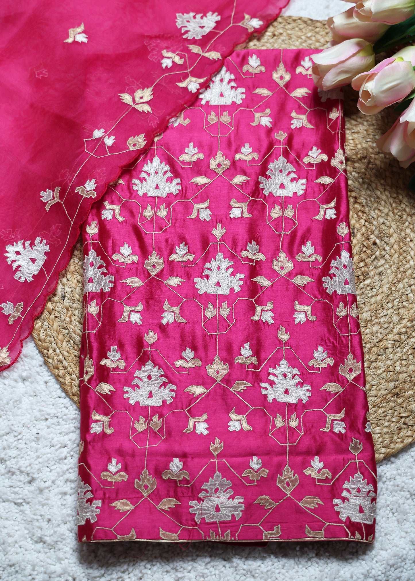 Pakhi Pink Applique Work Unstitched Suit Set
