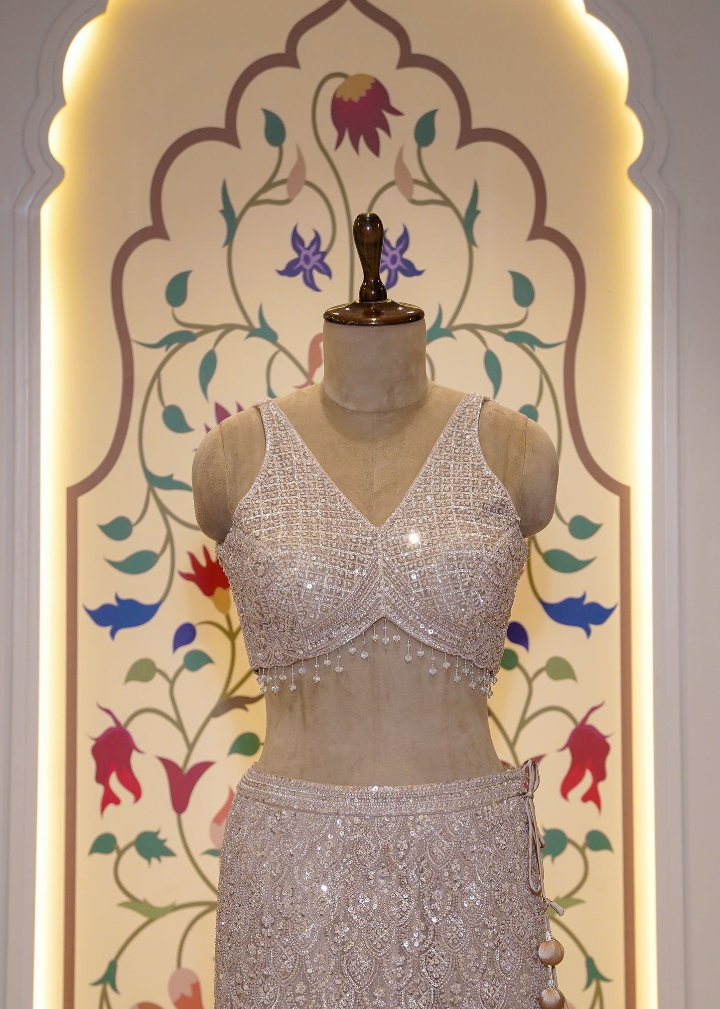 Champagne Gold Bead Embroidered Crop Top Fish-cut Skirt Set