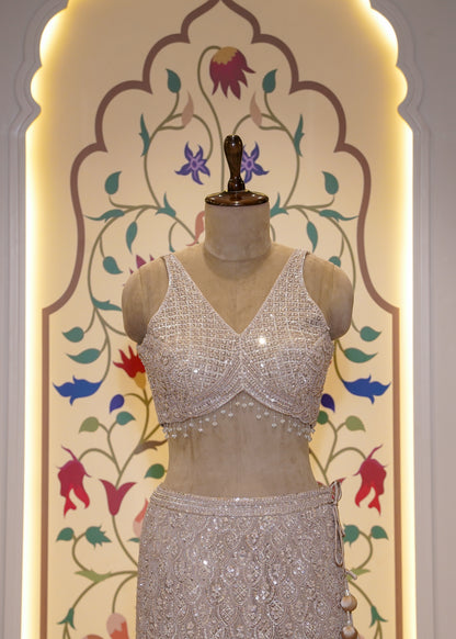 Champagne Gold Bead Embroidered Crop Top Fish-cut Skirt Set