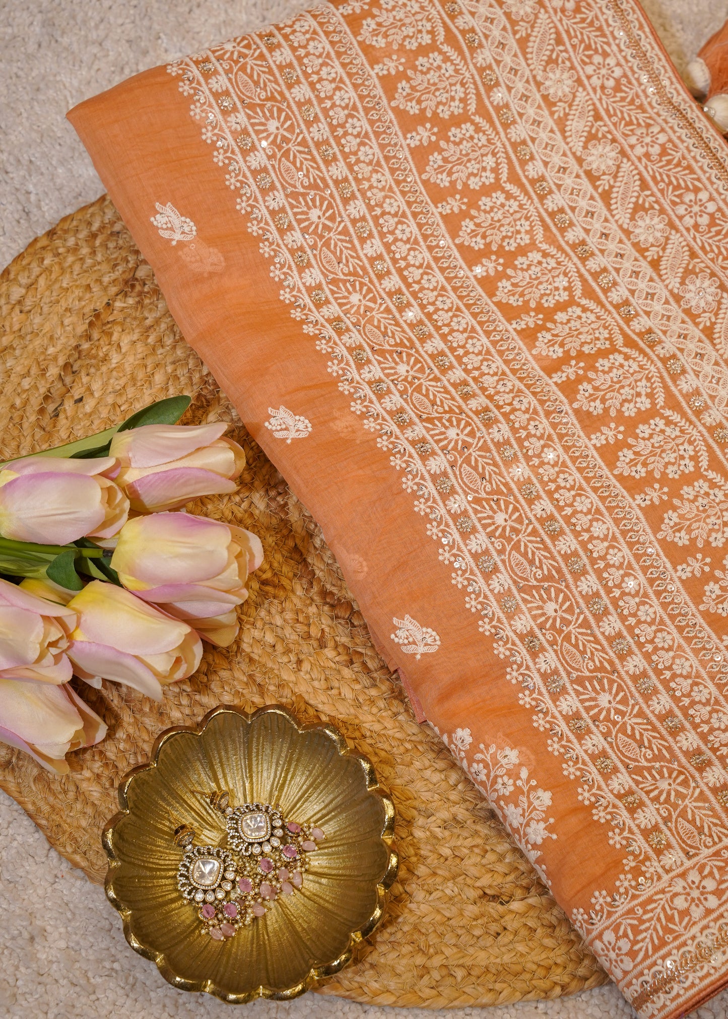 Rust Mul Cotton Thread Embroidered Saree with Unstitched Blouse