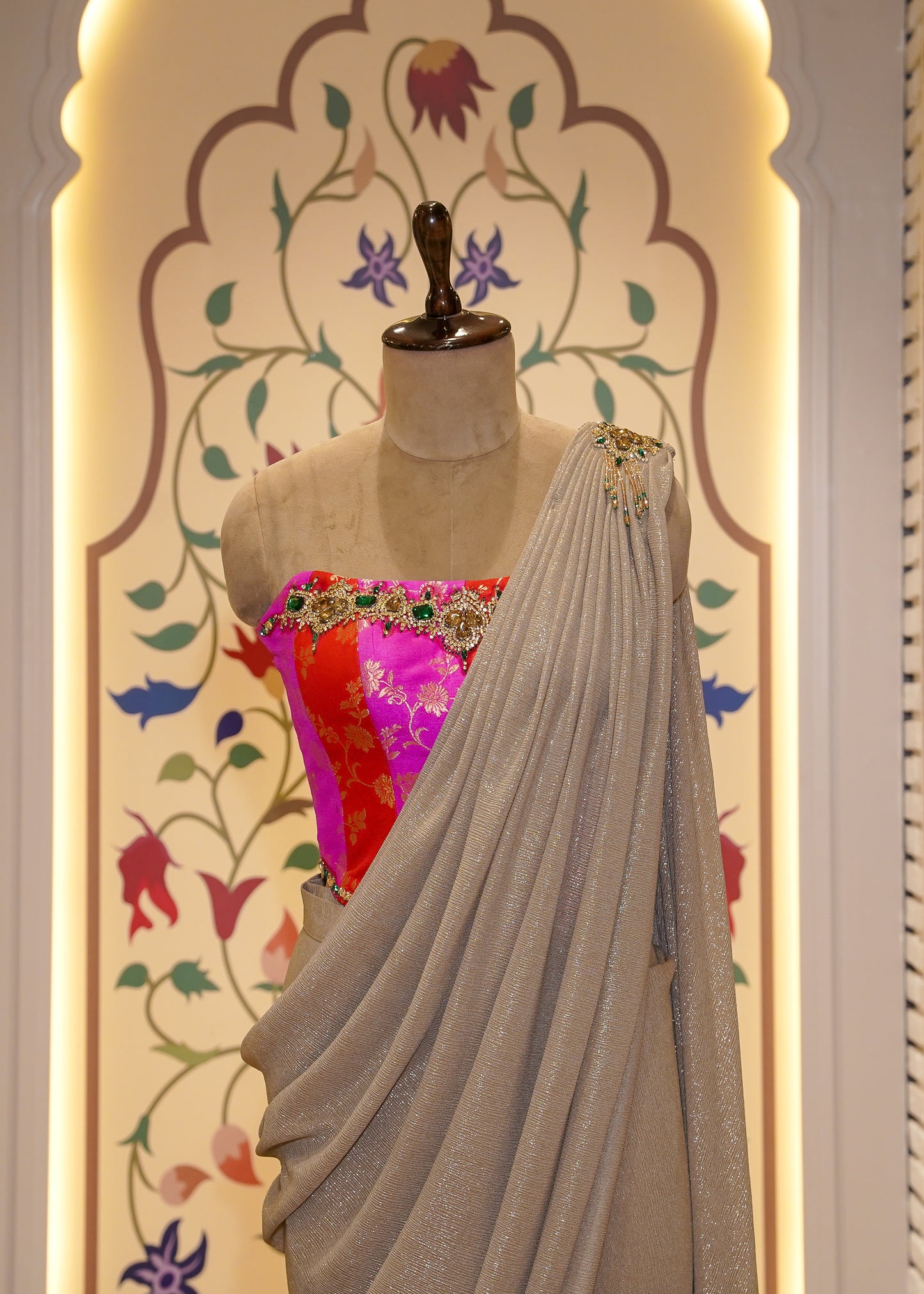 Beige Drape Saree with Rani Brocade Silk Corset Top