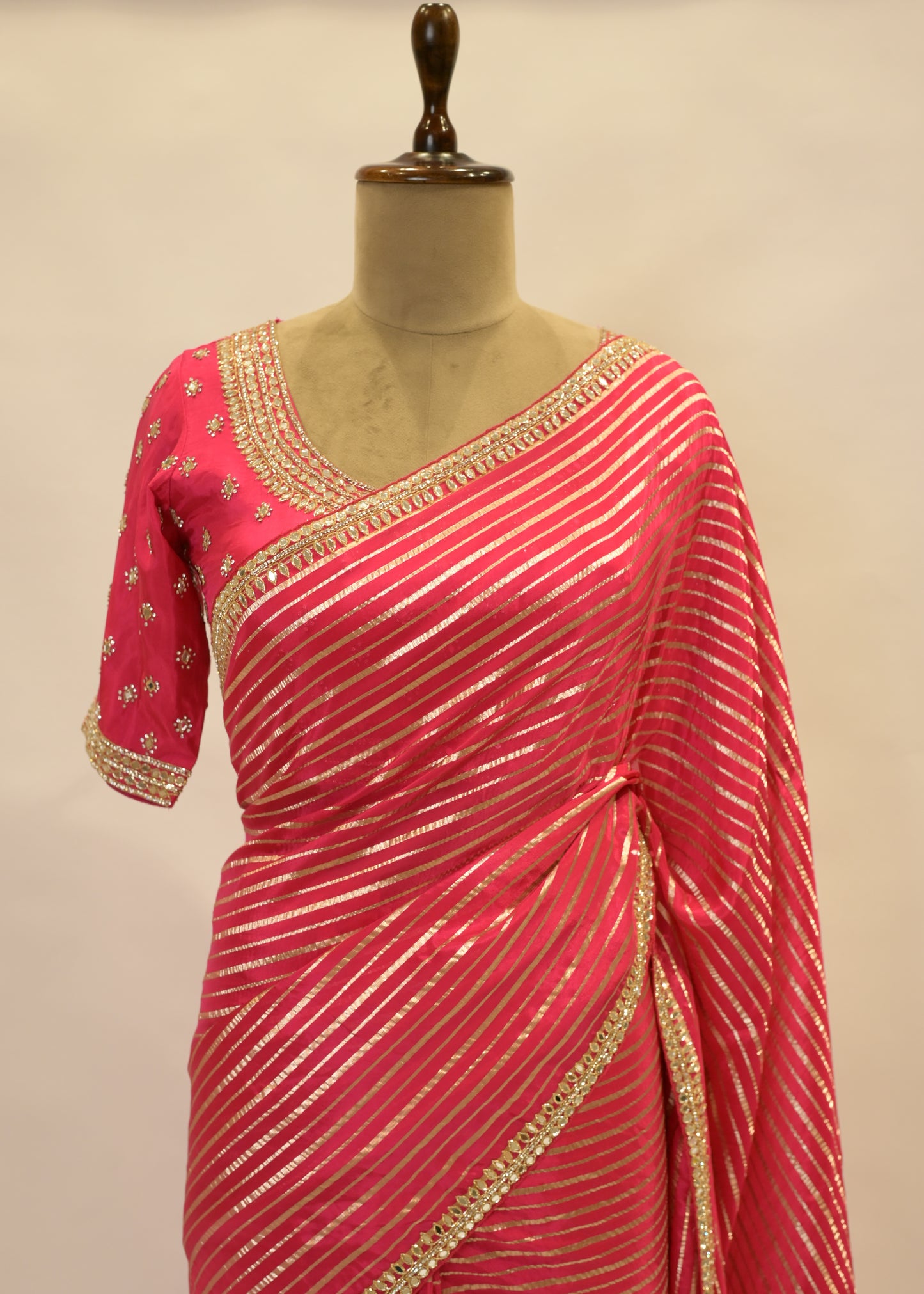 Rani Striped Zari Organza Sarees with Stitched Blouse