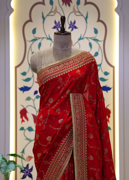 Meenakshi Red Heavy Border Bridal Saree with Unstitched Blouse