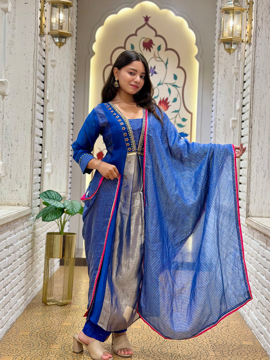 Electric Blue Mul Cotton Tissue Kurti Set
