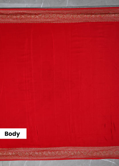 Deeya Plain Red Banarasi Pure Crepe Saree with Unstitched Blous