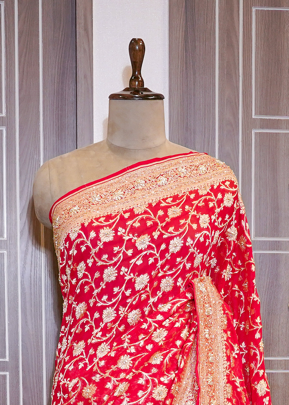 Red khadi Georgette Jaal Saree with Zardozi Embroidery