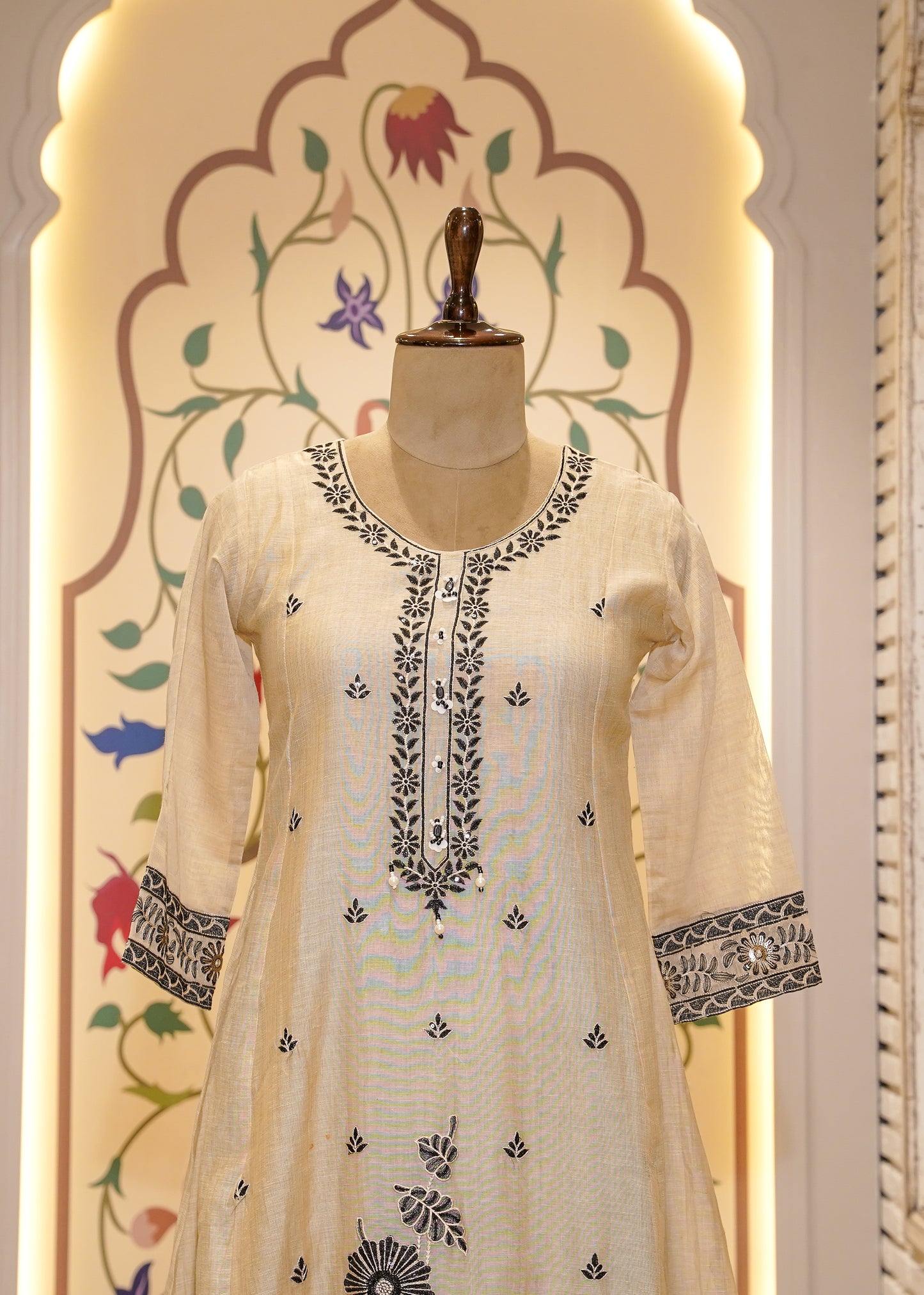 Beige A Line Thread Embroidered 3 pc Kurti Set